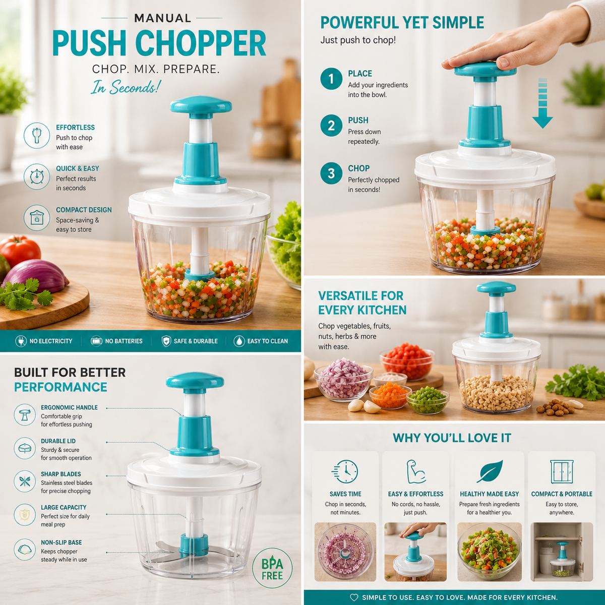1.5L Push Chopper โ Manual Hand Press Food Chopper for Kitchen | Multipurpose Vegetable & Food Cutter