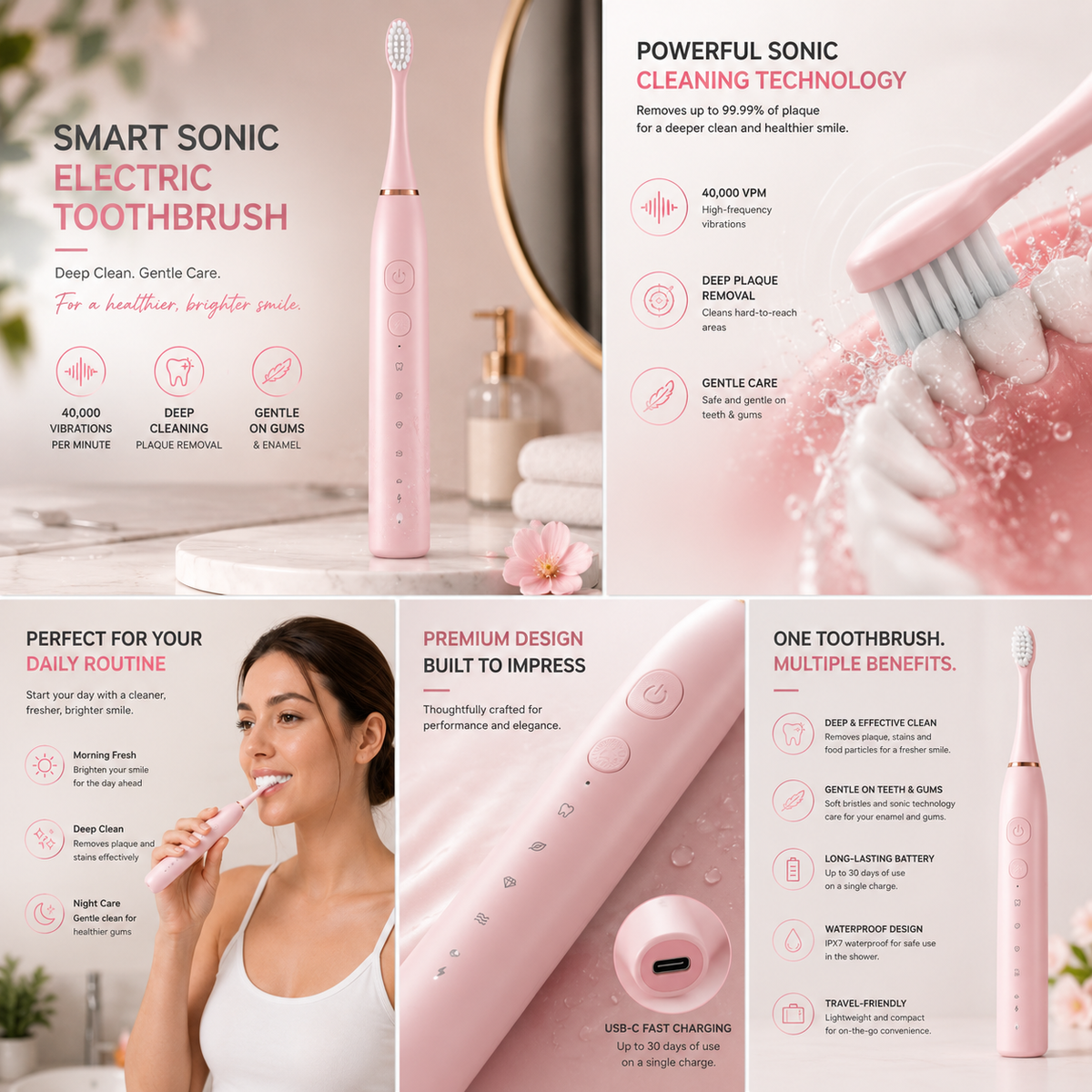 Electric Sonic Toothbrush โ Rechargeable Deep Cleaning & Gentle Care