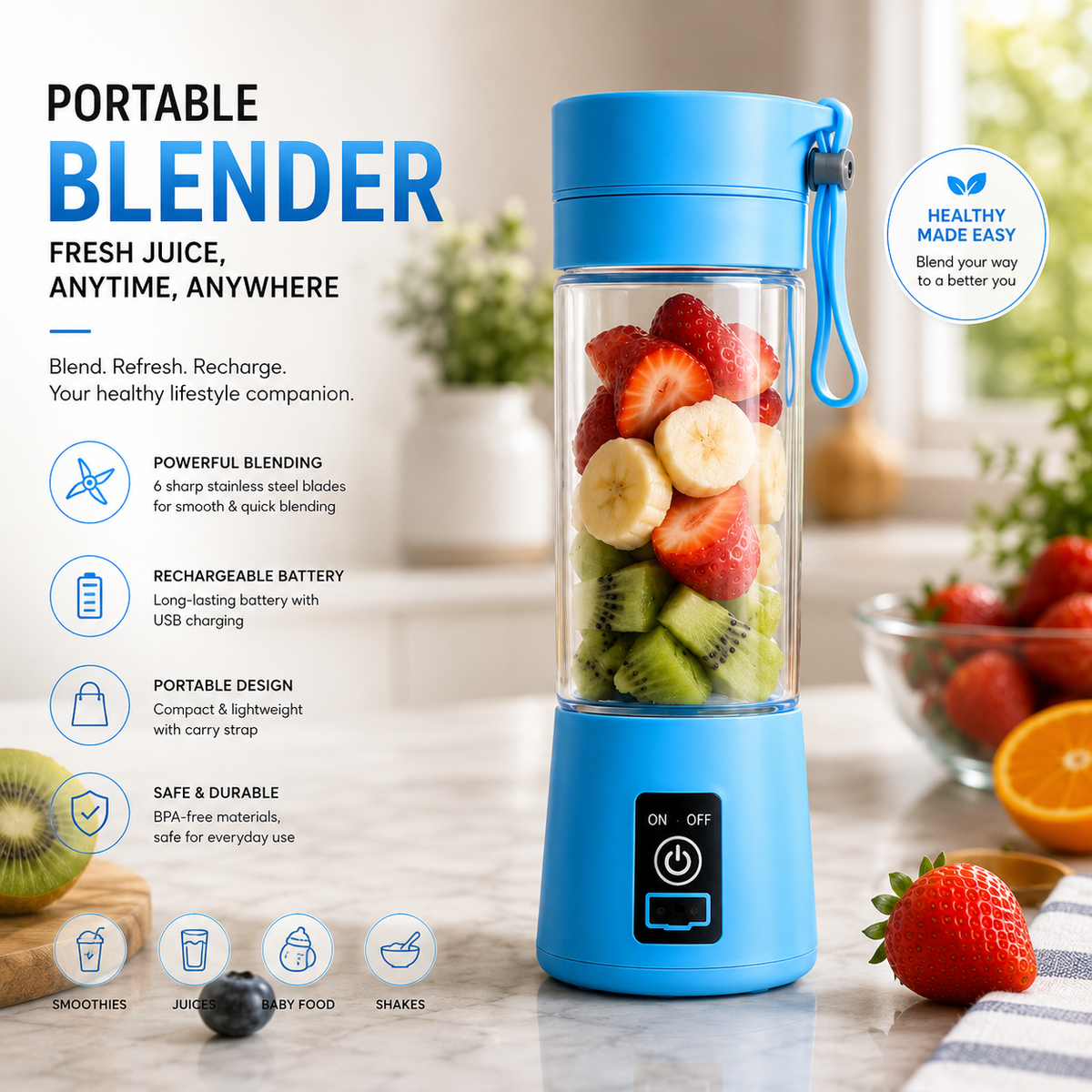 Juicer Portable Outdoor Juicing Cup 380ML – Cordless USB Rechargeable Mini Blender | Fruit & Vegetable Smoothie Maker